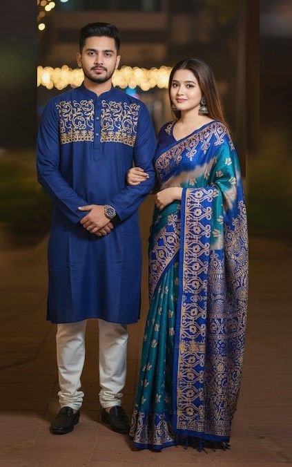 কাপল ড্রেস কালেকশন চান্দুরি সিল্ক শাড়ি ও ধুপিয়ান পাঞ্জাবি